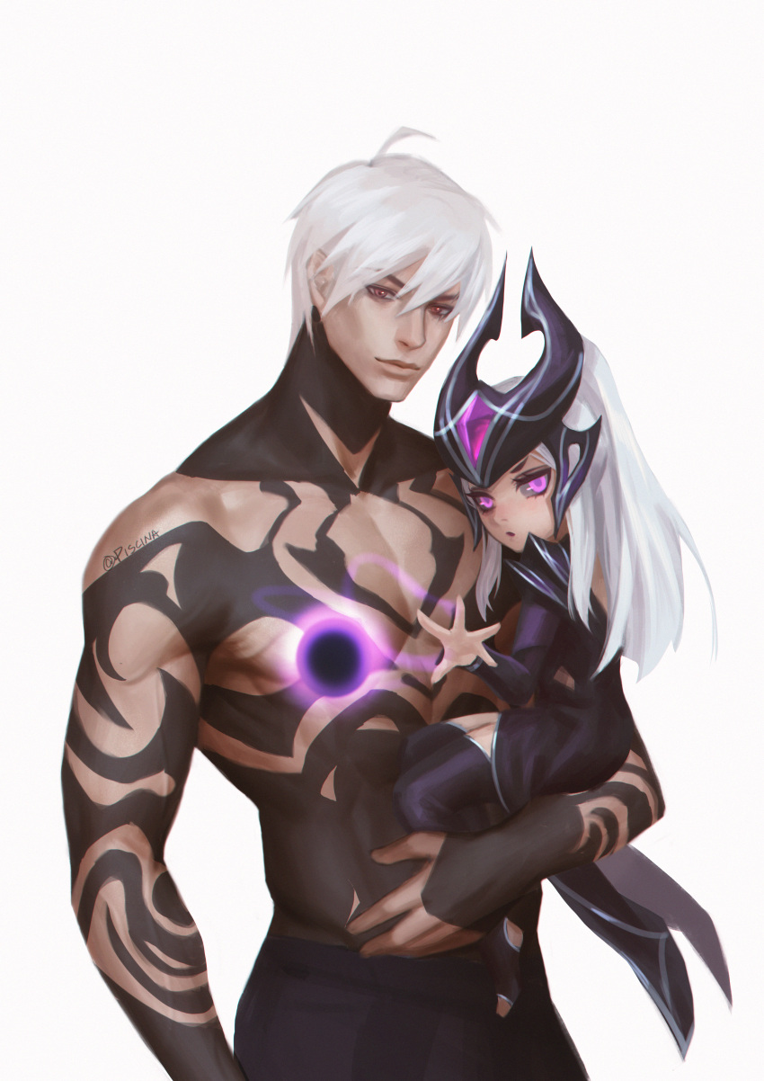 1boy 1girl absurdres aged_down ahoge armor artist_name ball black_armor black_dress black_headwear black_pants black_thighhighs carrying carrying_person child closed_mouth dress highres league_of_legends magic no_armor no_headwear pants pink_eyes piscina short_hair simple_background syndra tattoo thigh-highs white_background white_hair zed_(league_of_legends)