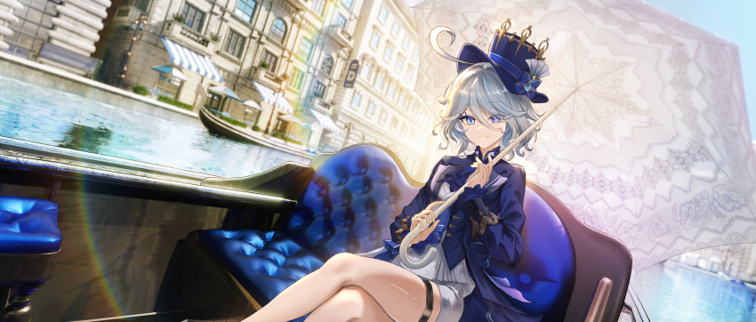 1girl absurdres ahoge ascot blue_ascot blue_bow blue_brooch blue_eyes blue_hair blue_headwear blue_jacket blue_sky boat bow building cityscape closed_mouth cowboy_shot crossed_legs door furina_(genshin_impact) genshin_impact guisin_(chibi_ghost) hair_between_eyes hat heterochromia highres holding holding_umbrella house jacket legs light_blue_hair light_particles looking_at_viewer multicolored_hair outdoors short_hair shorts sidelocks sky smile solo streaked_hair two-tone_hair umbrella water watercraft white_hair white_shorts window