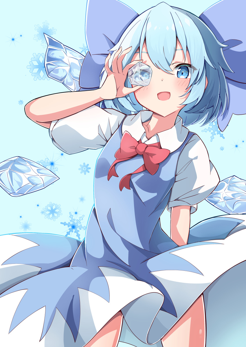 1girl :d absurdres blue_background blue_bow blue_dress blue_eyes bow bowtie cirno collared_shirt commentary_request detached_wings dress hair_bow highres ice ice_cube ice_wings looking_at_viewer open_mouth red_bow red_bowtie saimu_taju shirt short_sleeves simple_background smile snowflakes touhou white_shirt wings
