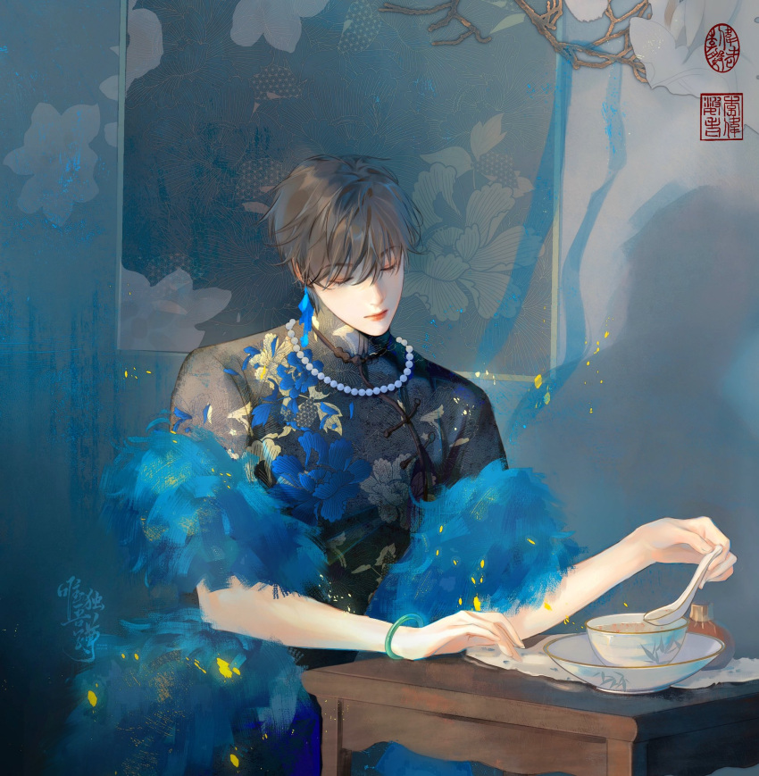 1boy architecture bishounen boki_20cm brown_hair china_dress chinese_clothes cleavage_cutout closed_eyes closed_mouth clothing_cutout crossdressing dress east_asian_architecture feather_boa heyu highres jade_(gemstone) jewelry male_focus medical_record_book necklace pearl_necklace qinghua_(porcelain) short_hair sitting solo tassel yaopei