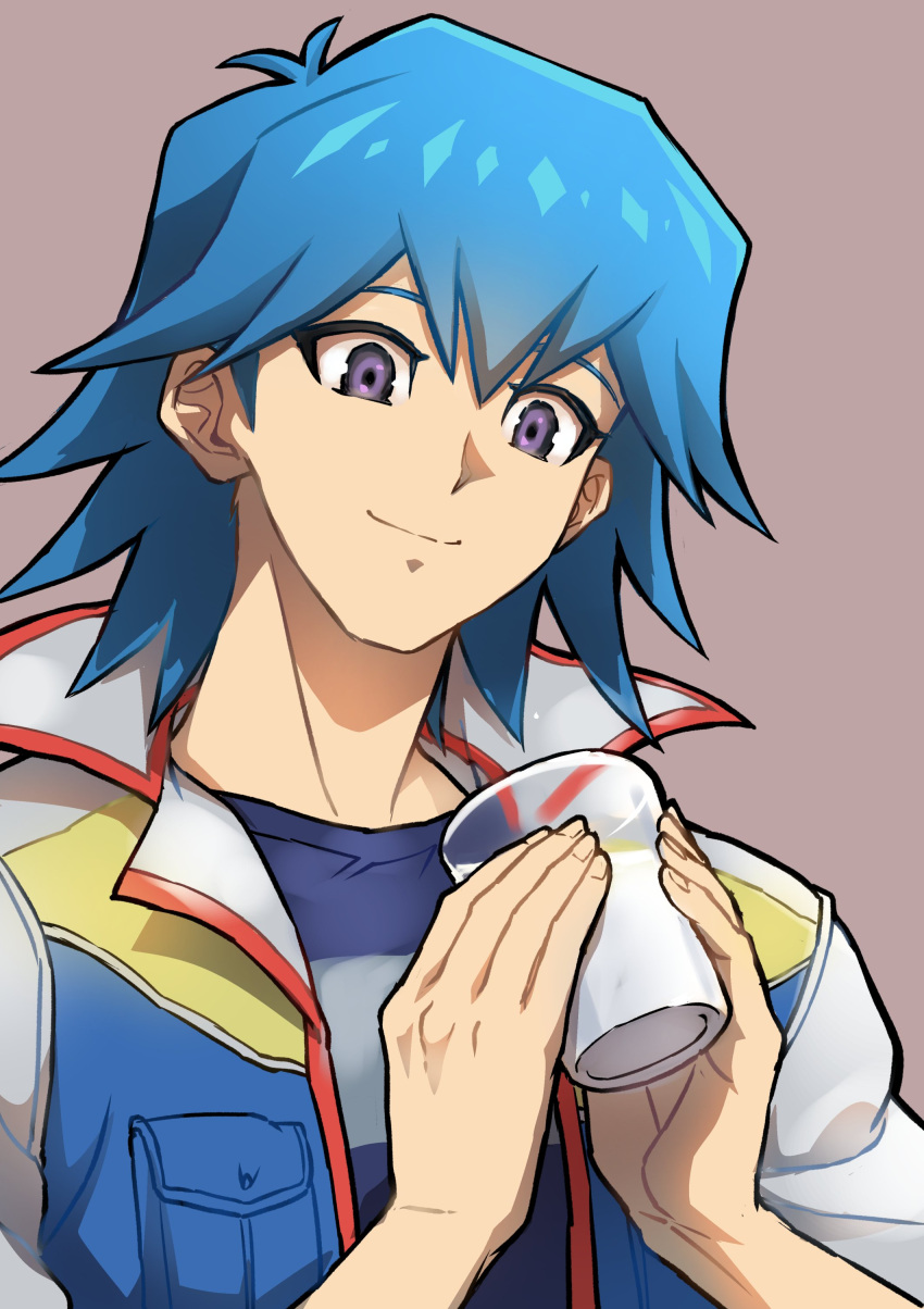 1boy absurdres blue_hair blue_shirt brown_background bruno_(yu-gi-oh!) cup drink glass hands_up high_collar highres holding holding_cup holding_drink jacket looking_down male_focus milk shirt short_hair simple_background smile solo t-shirt upper_body violet_eyes youko-shima yu-gi-oh! yu-gi-oh!_5d's