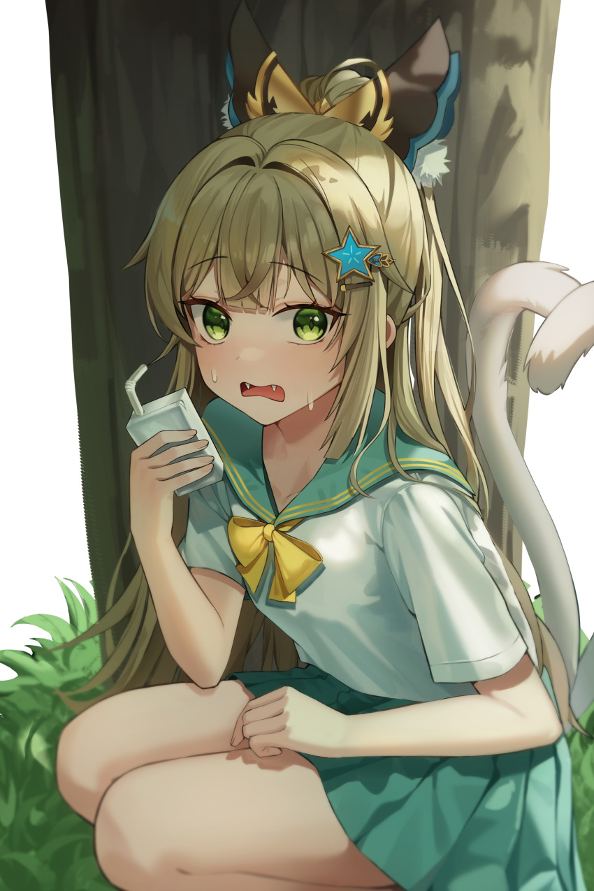 1girl absurdres alternate_costume blonde_hair blunt_bangs bow bowtie box commentary crossed_bangs drinking_straw fangs genshin_impact grass green_eyes green_sailor_collar green_skirt hair_intakes hair_ornament hairclip highres holding holding_box juice_box kirara_(genshin_impact) long_hair looking_at_viewer maeng-i_(meng-e) multiple_tails open_mouth parted_bangs pleated_skirt sailor_collar shirt short_sleeves simple_background skirt solo squatting star_(symbol) star_hair_ornament surprised sweat tail tree two_tails wavy_mouth white_background white_shirt yellow_bow yellow_bowtie