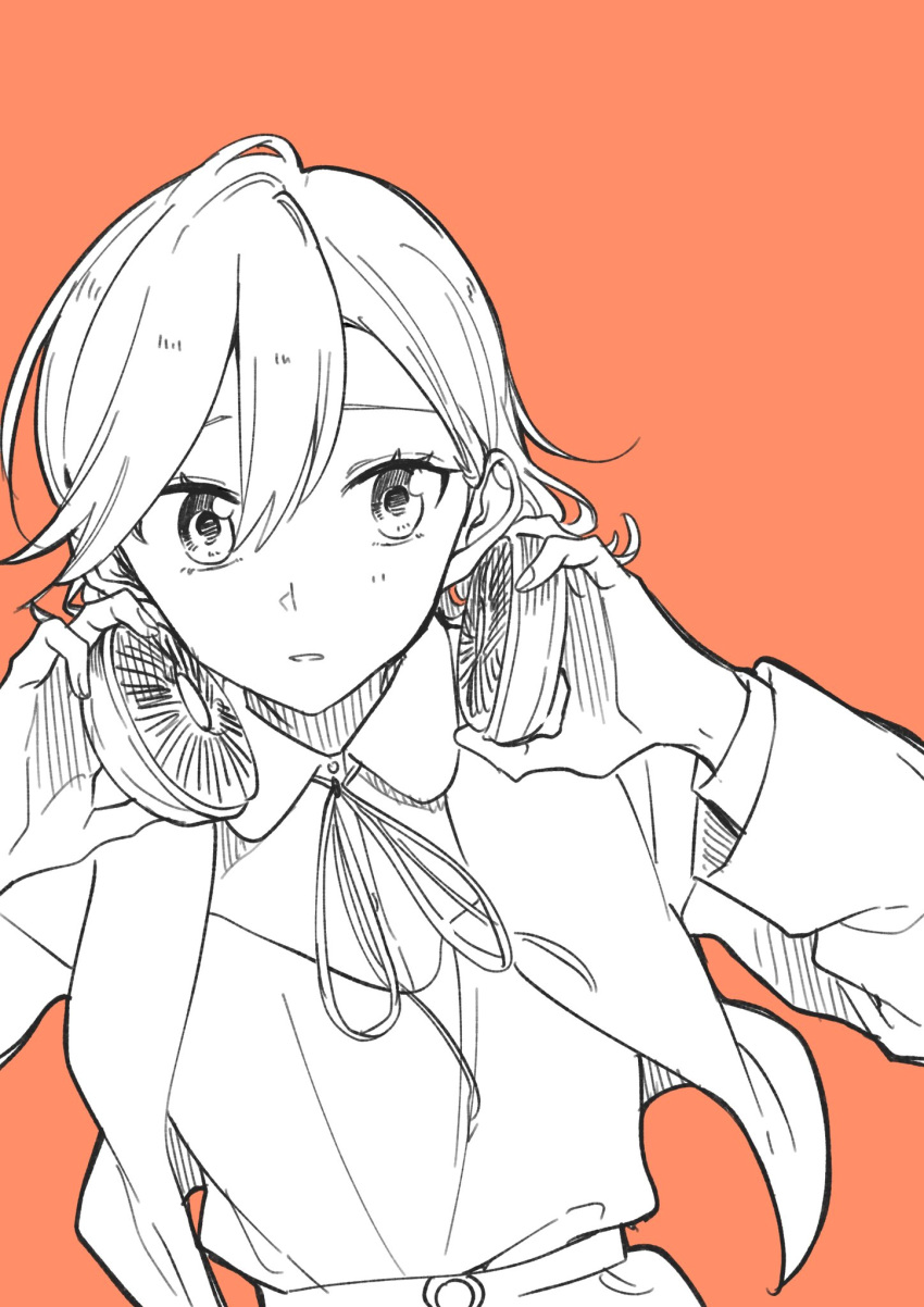 1girl collared_shirt commentary_request dress_shirt greyscale_with_colored_background hair_between_eyes headphones headphones_around_neck highres jacket kashikaze long_sleeves looking_at_viewer love_live! love_live!_superstar!! medium_hair neck_ribbon open_clothes open_jacket orange_background parted_lips ribbon school_uniform shibuya_kanon shirt simple_background solo upper_body yuigaoka_school_uniform