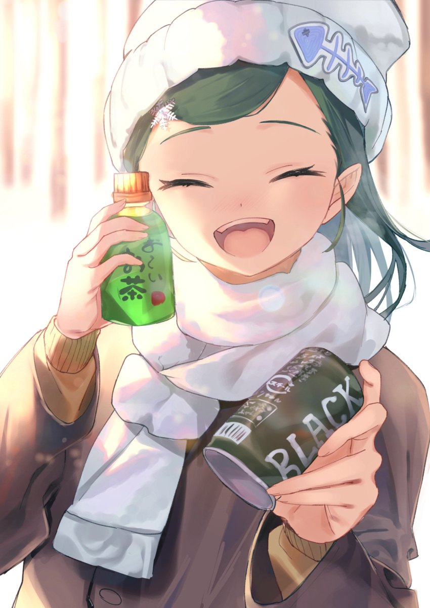 1girl ^_^ blush bottle brown_coat can canned_coffee closed_eyes coat facing_viewer green_hair hair_ornament highres holding holding_bottle holding_can idolmaster idolmaster_cinderella_girls incoming_drink nontan_(february2nd) scarf shuto_aoi smile snowflake_hair_ornament solo upper_body white_headwear white_scarf