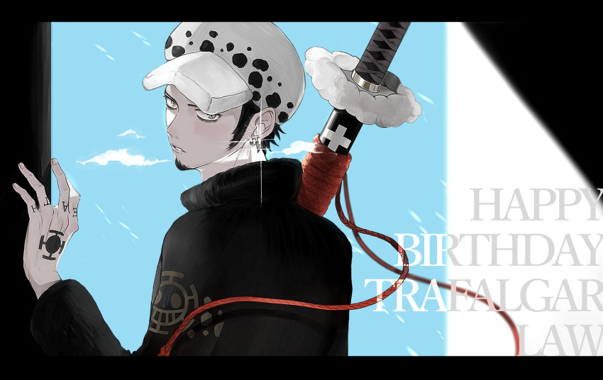 1boy black_coat black_hair character_name coat commentary_request facial_hair fur_hat goatee hand_tattoo happy_birthday hat highres holding holding_sheath holding_sword holding_weapon jewelry light_blush long_sleeves looking_at_viewer male_focus one_piece parted_lips piratesebine sheath sheathed short_hair solo sparkle sword tattoo trafalgar_law weapon yellow_eyes