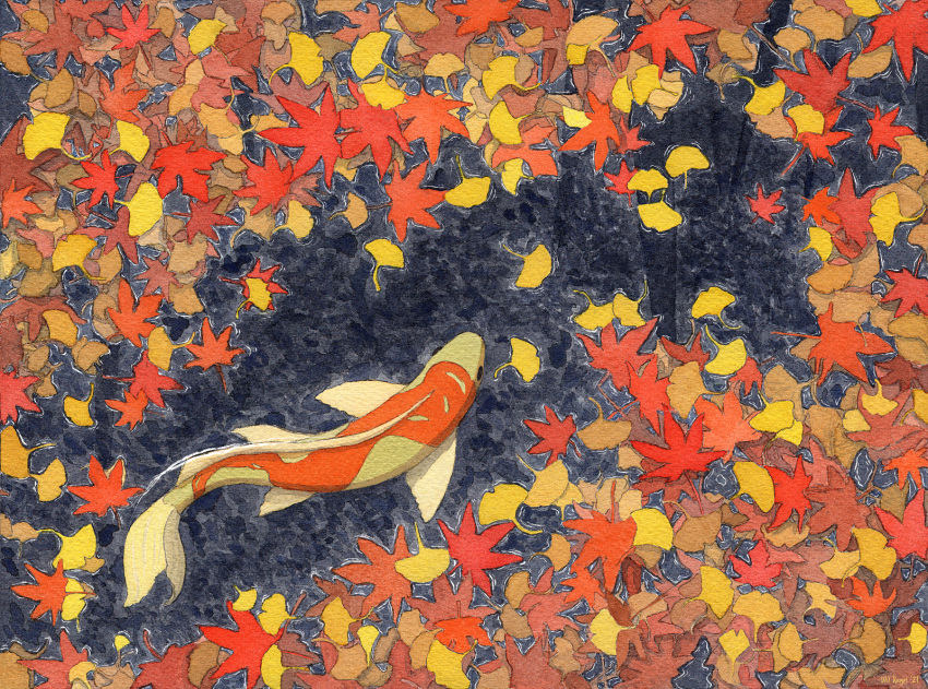 animal animal_focus artist_name autumn_leaves black_eyes commentary_request dated fish from_above full_body highres koi leaf maple_leaf no_humans original outdoors reflection reflective_surface reflective_water solo swimming tree water wilvogel