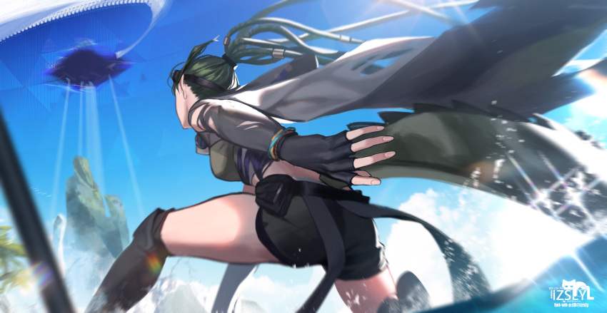 1girl absurdres arknights artist_logo black_gloves black_shorts blue_sky breasts chinese_commentary cloak clouds cloudy_sky commentary crocodilian_tail day dreadlocks elbow_gloves fanny_pack feet_out_of_frame fingerless_gloves from_behind gavial_(arknights) gavial_the_invincible_(arknights) gloves goggles goggles_on_head green_hair highres hood hooded_cloak izsly knee_pads lens_flare long_hair mask mask_around_neck medium_breasts motion_blur ocean outdoors ponytail running short_shorts shorts sky solo sparkle sunlight tail torn_cloak torn_clothes torn_gloves wristband