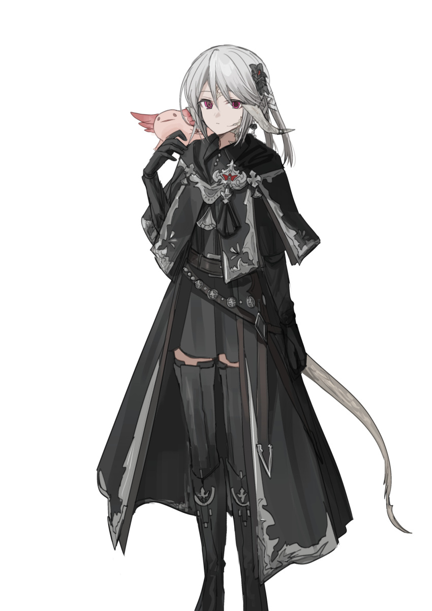 1girl animal au_ra axolotl black_footwear black_gloves black_robe black_shirt black_skirt black_thighhighs boots chihuri collared_shirt dragon_girl dragon_horns dragon_tail dress_shirt elbow_gloves final_fantasy final_fantasy_xiv gloves grey_hair hair_between_eyes hand_up highres horns knee_boots pleated_skirt red_eyes robe shirt simple_background skirt solo tail thigh-highs thighhighs_under_boots warrior_of_light_(ff14) white_background