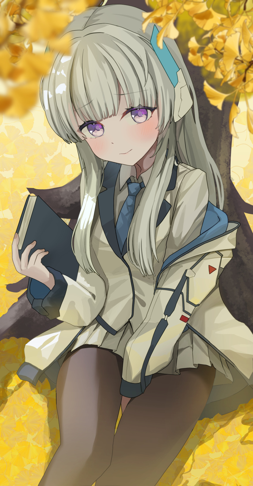 1girl absurdres autumn autumn_leaves black_pantyhose blue_archive blue_necktie blush book closed_mouth collared_shirt feet_out_of_frame ginkgo_leaf grey_hair guree_(haiiro) highres holding holding_book jacket leaf long_hair long_sleeves looking_at_viewer mechanical_arms necktie noa_(blue_archive) pantyhose shirt solo violet_eyes white_jacket white_shirt