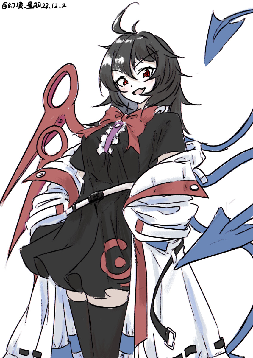 1girl absurdres ahoge asymmetrical_wings black_dress black_hair black_skirt black_thighhighs blue_wings bow bowtie center_frills coat commentary_request dated dress fang frills hair_between_eyes highres houjuu_nue looking_at_viewer medium_hair one-hour_drawing_challenge open_mouth red_bow red_bowtie red_wings short_sleeves simple_background skin_fang skirt solo thigh-highs touhou ve1024 white_background white_coat wings