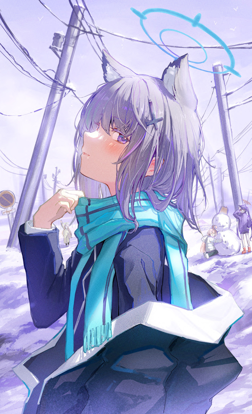 4girls absurdres animal_ear_fluff animal_ears black_jacket blue_archive blue_halo blue_scarf blush cross_hair_ornament extra_ears grey_hair hair_ornament halo highres hoshino_(blue_archive) jacket long_sleeves looking_at_viewer medium_hair multiple_girls nonomi_(blue_archive) okomekura open_clothes open_jacket power_lines revision scarf serika_(blue_archive) shiroko_(blue_archive) snow snowman utility_pole violet_eyes wolf_ears