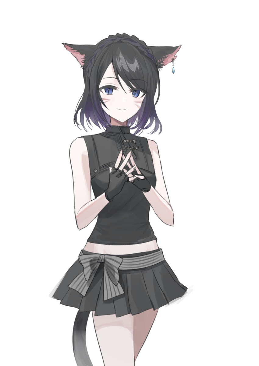 1girl animal_ear_fluff animal_ears bare_shoulders black_gloves black_hair black_shirt black_skirt blue_eyes blush braid breasts cat_ears cat_girl cat_tail chihuri closed_mouth crown_braid ear_piercing facial_mark final_fantasy final_fantasy_xiv fingerless_gloves gloves gradient_hair highres looking_at_viewer miqo'te multicolored_hair piercing pleated_skirt purple_hair shirt simple_background skirt sleeveless sleeveless_shirt small_breasts smile solo steepled_fingers tail warrior_of_light_(ff14) whisker_markings white_background