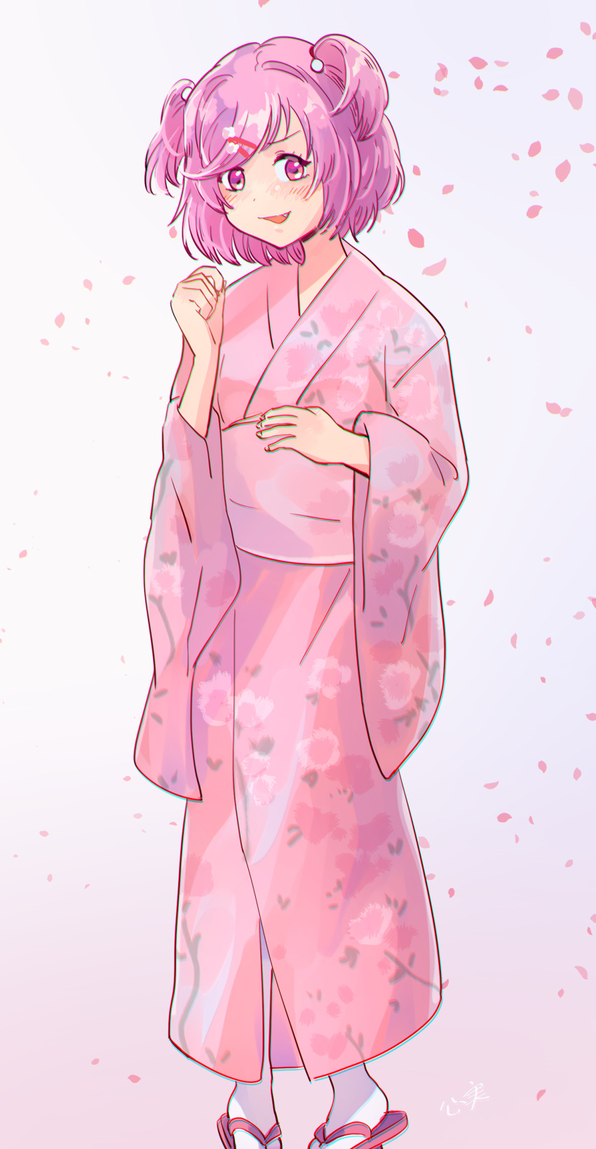 1girl absurdres blush commentary doki_doki_literature_club eyelashes falling_petals fang floral_print gradient_background hair_ornament hairclip hands_up highres japanese_clothes kimono kokomi_(aniesuakkaman) long_sleeves looking_at_viewer natsuki_(doki_doki_literature_club) obi open_mouth parted_bangs petals pink_background pink_eyes pink_footwear pink_hair pink_kimono pink_sash print_kimono sandals sash short_hair sidelocks simple_background smile socks solo swept_bangs tabi two_side_up white_background white_socks wide_sleeves