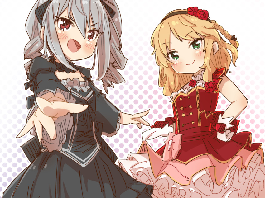 2girls :d black_bow black_dress black_hairband blonde_hair blush bow braid breasts closed_mouth commentary_request dress flower gloves gradient_background green_eyes grey_hair hair_between_eyes hair_bow hairband idolmaster idolmaster_cinderella_girls juliet_sleeves kanzaki_ranko long_sleeves looking_at_viewer multiple_girls partial_commentary polka_dot polka_dot_background puffy_sleeves red_dress red_eyes red_flower red_rose ringlets rose sakurai_momoka single_braid small_breasts smile twintails v-shaped_eyebrows white_background white_gloves yukie_(kusaka_shi)