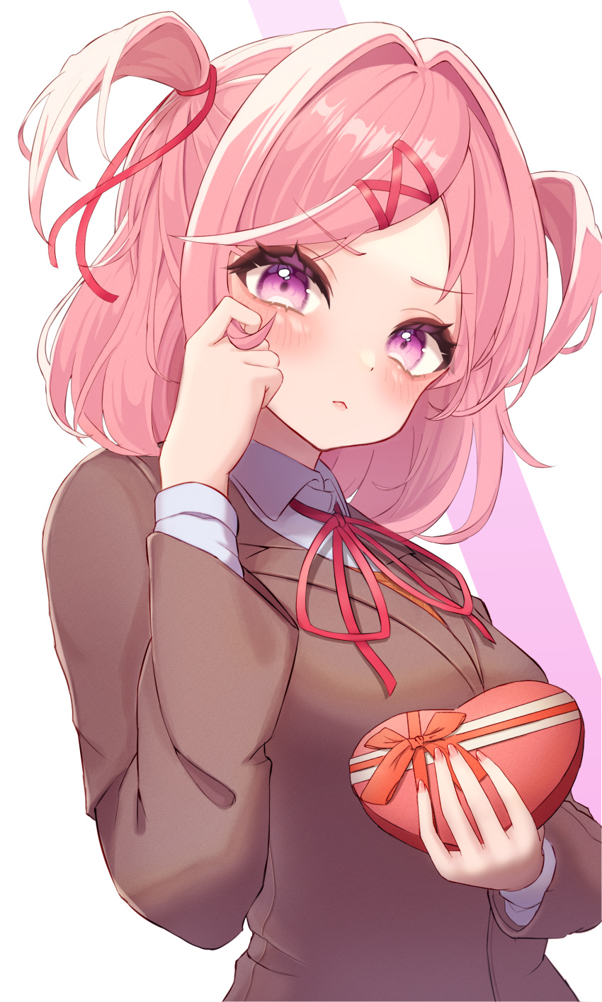 1girl :&lt; absurdres blush box brown_jacket closed_mouth collared_shirt commentary_request doki_doki_literature_club dress_shirt eyelashes fingernails gift hair_intakes hair_ornament hair_ribbon hair_twirling hand_up heart-shaped_box highres holding holding_gift jacket lapels long_sleeves looking_at_viewer medium_hair nail_polish natsuki_(doki_doki_literature_club) neck_ribbon parted_bangs pink_hair pink_nails red_ribbon ribbon school_uniform shirt sidelocks simple_background solo swept_bangs two_side_up upper_body v-shaped_eyebrows violet_eyes wahhuru1129 white_background white_shirt wing_collar x_hair_ornament