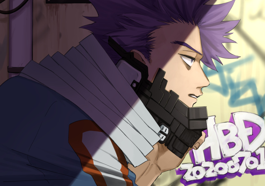 1boy bags_under_eyes boku_no_hero_academia dated from_side graffiti industrial_pipe looking_ahead male_focus mask outdoors parted_lips profile purple_hair rnuyvm scarf shinsou_hitoshi short_hair sidelighting solo spiky_hair u.a._gym_uniform urban violet_eyes white_scarf