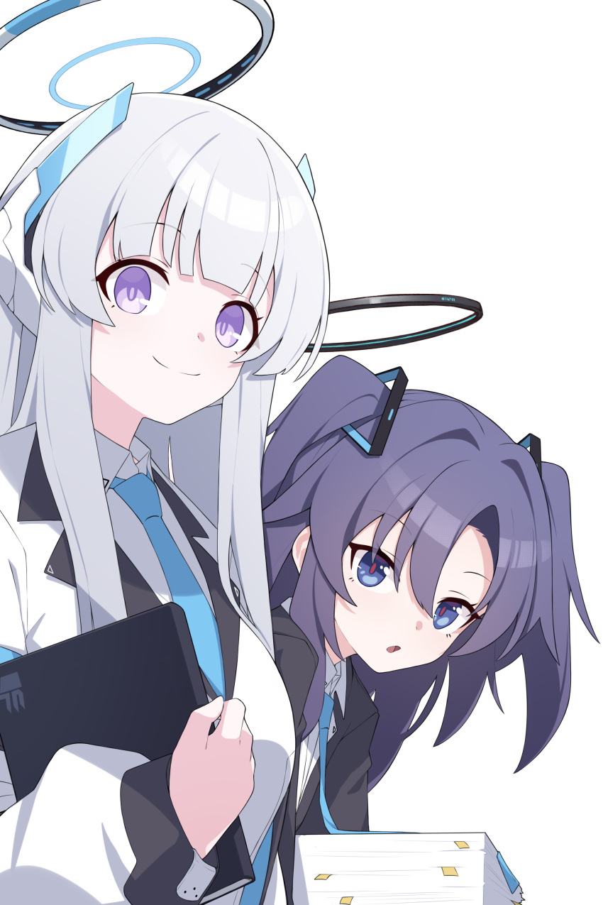 2girls absurdres blue_archive blue_necktie breasts closed_mouth collared_shirt grey_hair hair_between_eyes halo highres large_breasts long_sleeves looking_at_viewer mechanical_halo mmhomm multiple_girls necktie noa_(blue_archive) open_mouth paper purple_hair red_pupils shirt simple_background smile suit two_side_up upper_body violet_eyes white_background white_shirt yuuka_(blue_archive)