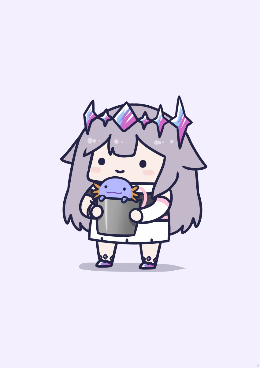 1girl absurdres axolotl_(minecraft) blush_stickers bucket chibi dress full_body grey_hair hair_flaps highres holding holding_bucket hololive hololive_english koseki_bijou lavender_background long_hair minecraft phdpigeon shadow simple_background single_arm_guard smile solid_circle_eyes solo standing tiara