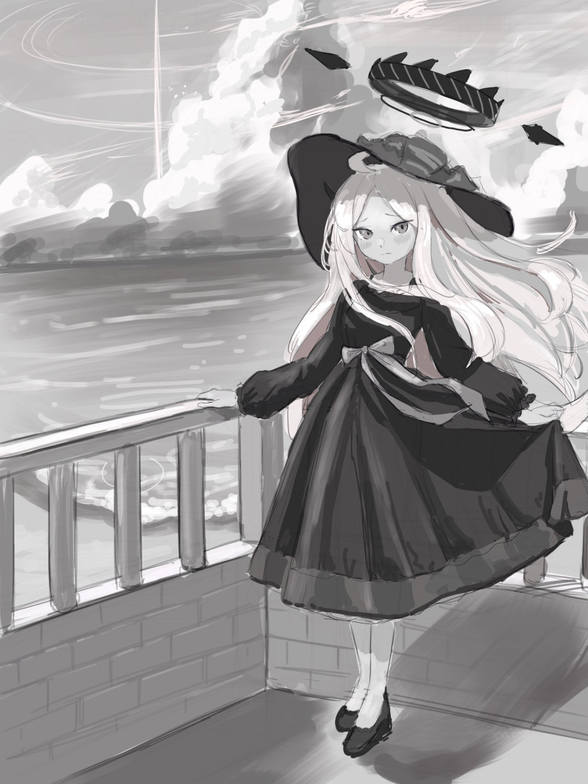 1girl black_dress blue_archive blush clouds cloudy_sky day dress full_body greyscale halo highres hina_(blue_archive) long_hair long_sleeves looking_at_viewer monochrome ocean okomekura outdoors parted_bangs sky solo standing summer very_long_hair white_hair