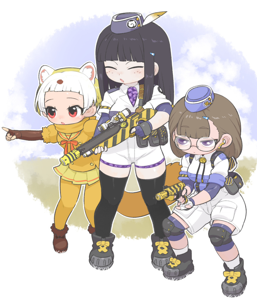 3girls animal_ears black_hair brown_hair captain_(kemono_friends) elbow_gloves extra_ears fingerless_gloves glasses gloves gun hat hat_feather highres japanese_marten_(kemono_friends) kemono_friends kemono_friends_3 kneehighs kuro_(kurojill) long_hair multicolored_hair multiple_girls outdoors pantyhose red_eyes scarf school_uniform shirt shoes short_hair shorts simple_background skirt socks tail two-tone_hair weapon white_hair