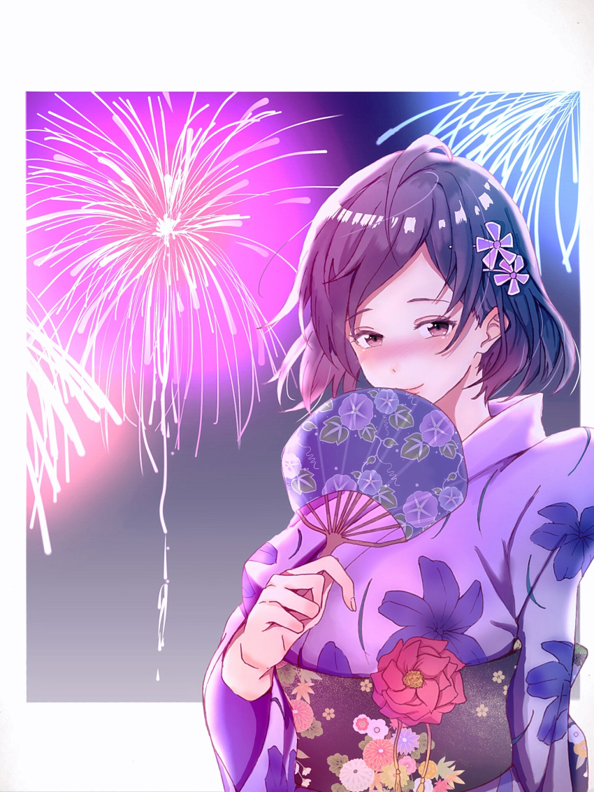 1girl aerial_fireworks ahoge black_sash blush closed_mouth fireworks floral_print flower hair_flower hair_ornament hand_fan highres holding holding_fan japanese_clothes kimono light_(lightpicture33) medium_hair obi paper_fan print_kimono purple_hair purple_kimono sash solo uchiwa upper_body violet_eyes yahari_ore_no_seishun_lovecome_wa_machigatteiru. yukinoshita_haruno