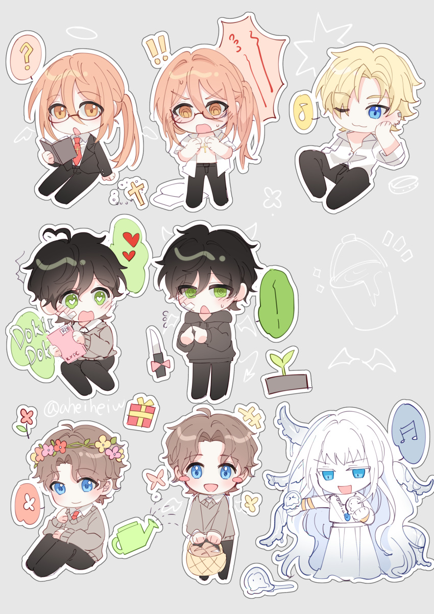 1other 4boys absurdres aheihei ahoge blue_eyes chibi degrees_of_lewdity green_eyes grey_background halo heart heart-shaped_pupils heart_ahoge high_ponytail highres ivory_wraith jewelry kylar_(degrees_of_lewdity) long_hair looking_at_viewer multiple_boys necklace orange_eyes orange_hair pale_skin robin_(degrees_of_lewdity) simple_background slime_(creature) smile sydney_(degrees_of_lewdity) symbol-shaped_pupils tentacles very_long_hair white_hair whitney_(degrees_of_lewdity)