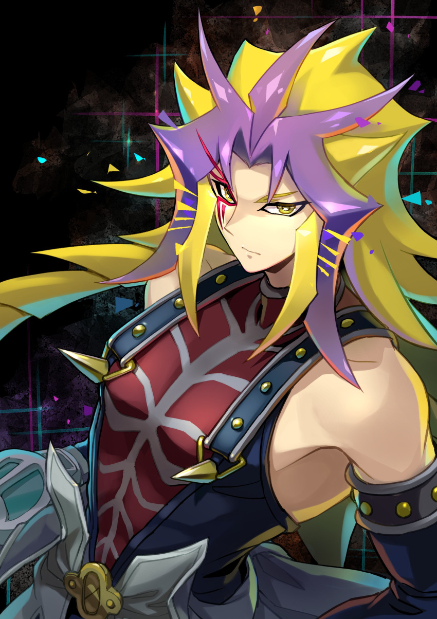1boy absurdres black_background blonde_hair commentary detached_sleeves duel_disk facial_mark highres leaning leaning_back looking_at_viewer male_focus multicolored_hair paradox_(yu-gi-oh!) purple_hair serious short_hair_with_long_locks sleeveless sleeveless_turtleneck solo spikes spiky_hair standing streaked_hair studded_armlet turtleneck upper_body waist_cape yellow_eyes youko-shima yu-gi-oh! yu-gi-oh!_3d_bonds_beyond_time