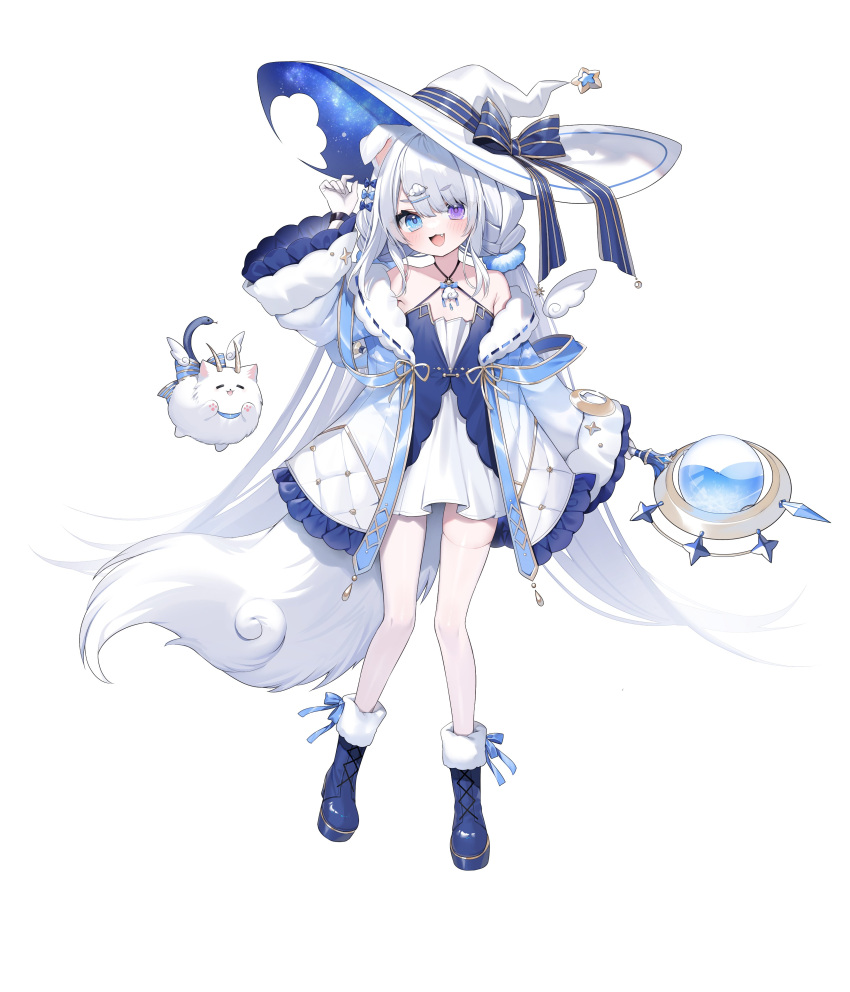 1girl absurdres bare_legs bare_shoulders blue_bow blue_dress blue_eyes blue_footwear blue_ribbon bow choppy_bangs dog_girl dog_tail dress fang hair_bow hair_ornament hairpin hat heterochromia highres holding holding_staff hoshimiya_mizuki long_hair low_twintails parted_bangs ribbon robe sidelocks simple_background specialite_en staff tail twintails utahime_mochizuki very_long_hair violet_eyes virtual_youtuber white_background white_hair white_robe witch witch_hat