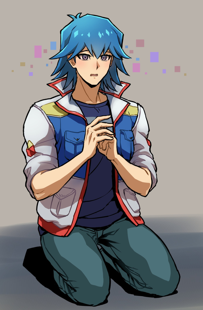 1boy absurdres blue_hair blue_shirt blush bruno_(yu-gi-oh!) commentary embarrassed grey_background grey_eyes hands_up high_collar highres jacket kneeling light_blush male_focus open_clothes open_jacket open_mouth own_hands_together pants shirt short_hair simple_background sleeves_rolled_up solo youko-shima yu-gi-oh! yu-gi-oh!_5d's