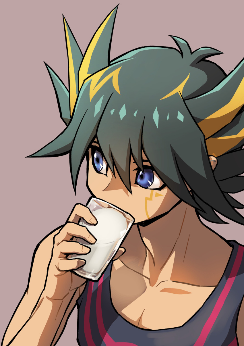 1boy absurdres black_hair black_shirt black_tank_top blue_eyes brown_background collarbone cup drinking facial_mark facial_tattoo fudou_yuusei glass hand_up highres holding holding_cup looking_to_the_side male_focus marking_on_cheek milk multicolored_hair shirt short_hair simple_background solo spiky_hair streaked_hair tank_top tattoo youko-shima yu-gi-oh! yu-gi-oh!_5d's