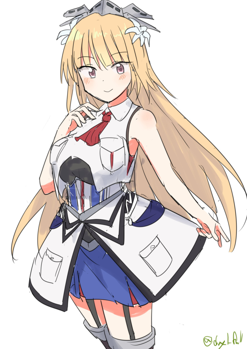 1girl absurdres black_shirt blonde_hair blue_skirt breasts brooklyn_(kancolle) flower garter_straps hair_flower hair_ornament highres jacket kantai_collection large_breasts long_hair military_uniform neckerchief one-hour_drawing_challenge red_eyes red_neckerchief robinson_(day_l_full) shirt simple_background skirt sleeveless sleeveless_jacket sleeveless_shirt smile solo standing thigh-highs twitter_username undershirt underwater uniform white_background white_jacket white_shirt