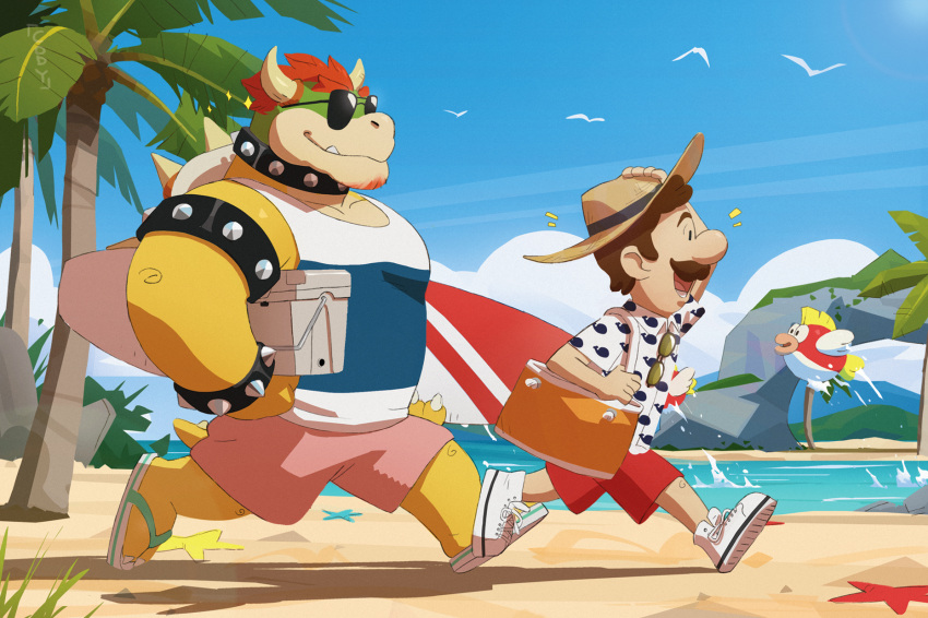 2boys :d animal_print arm_up armlet artist_name bag beach bird black_collar blue_sky blue_tank_top bowser box bracelet brown_hair brown_headwear cheep_cheep closed_mouth clouds cody_soh collar collared_shirt commentary_request day english_commentary facial_hair fang fang_out fish fish_print flip-flops grass hand_on_headwear hat highres holding holding_bag holding_surfboard horns jewelry luigi male_focus mountainous_horizon multiple_boys mustache notice_lines open_mouth orange_bag outdoors palm_tree pink_shorts profile red_shorts redhead rock sand sandals shirt shoes short_hair short_sleeves shorts sky smile spiked_armlet spiked_bracelet spiked_collar spiked_shell spikes starfish straw_hat sunglasses super_mario_bros. surfboard tackle_box tank_top tree turtle_shell unworn_eyewear walking water whale_print white_footwear white_shirt white_tank_top wing_collar