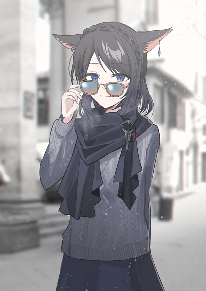 1girl animal_ears aran_sweater black_hair blue_eyes blue_skirt blurry blurry_background braid breath cable_knit cat_ears chihuri closed_mouth crown_braid day depth_of_field eyewear_pull final_fantasy final_fantasy_xiv grey_sweater highres miqo'te outdoors pulled_by_self purple_hair skirt smile solo sunglasses sweater warrior_of_light_(ff14)