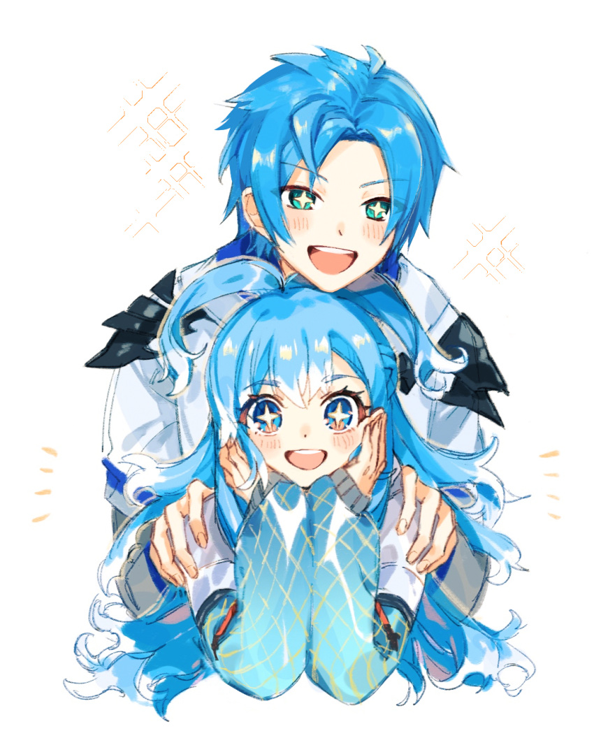 1boy 1girl armor blue_eyes blue_hair blue_sleeves blush cross-shaped_pupils hands_on_another's_shoulders hands_on_own_cheeks hands_on_own_face head_on_head head_rest highres hololive hololive_indonesia holostars holostars_english hou37707274 jacket kobo_kanaeru long_hair long_sleeves looking_at_viewer medium_hair multicolored_hair open_mouth parted_bangs raincoat regis_altare shoulder_armor sleeves_past_wrists sparkle symbol-shaped_pupils teeth two-tone_hair upper_body upper_teeth_only virtual_youtuber wavy_hair white_background white_hair white_jacket