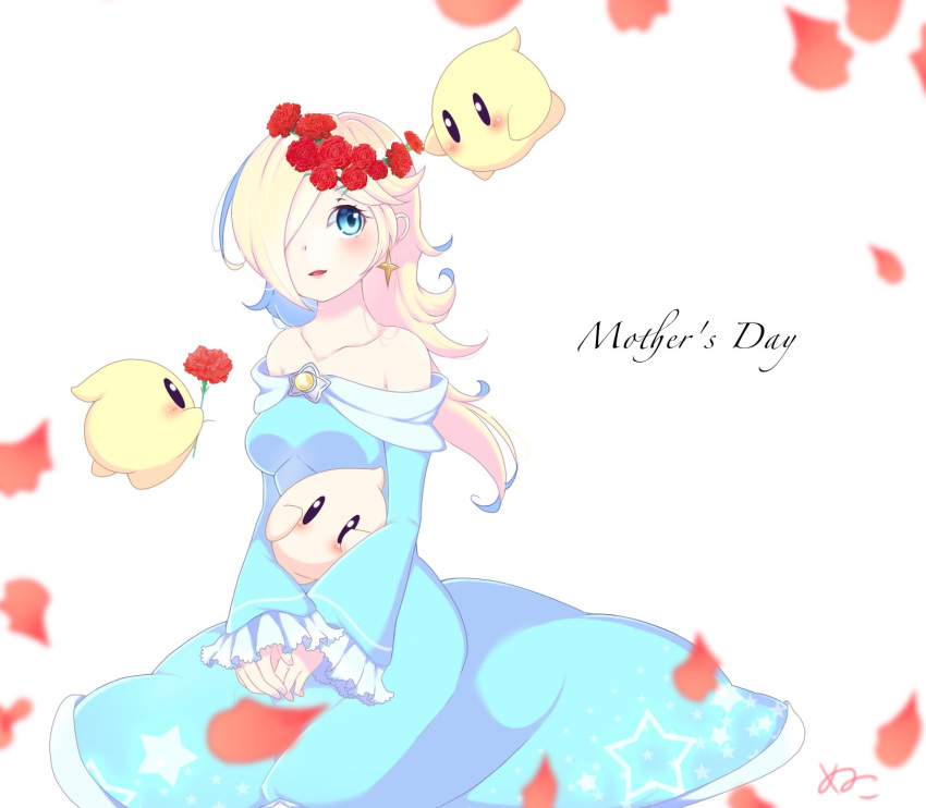 1girl bare_shoulders blonde_hair blue_eyes brooch collarbone dress earrings flower hair_flower hair_ornament highres holding holding_flower jewelry long_hair long_sleeves luma_(mario) mother's_day nukoko12 off-shoulder_dress off_shoulder red_flower red_rose rosalina rose seiza sitting star_(symbol) star_brooch star_earrings super_mario_bros. super_mario_galaxy white_background