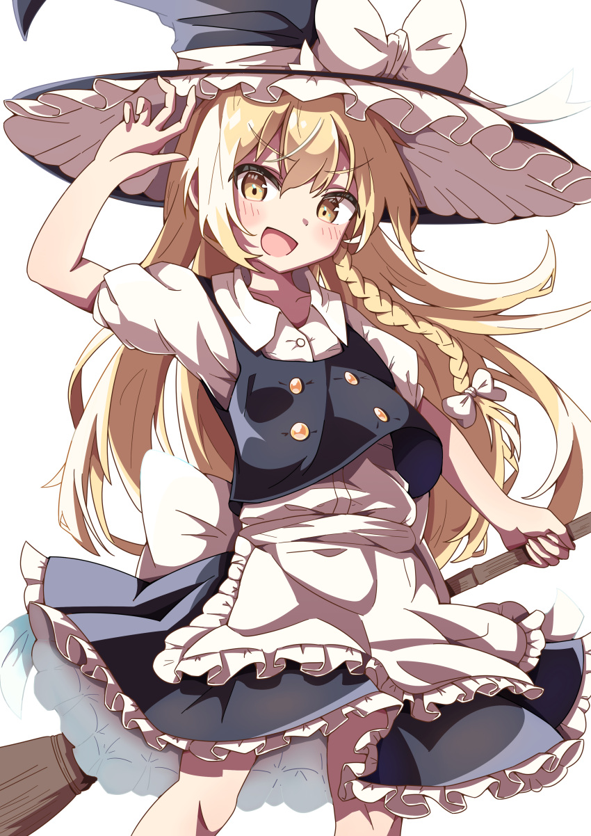 1girl absurdres apron black_headwear black_skirt blonde_hair bow braid broom collared_shirt commentary hat hat_bow highres holding holding_broom kirisame_marisa looking_at_viewer saimu_taju shirt short_sleeves side_braid simple_background single_braid skirt solo touhou v-shaped_eyebrows waist_apron white_background white_bow white_shirt witch_hat yellow_eyes