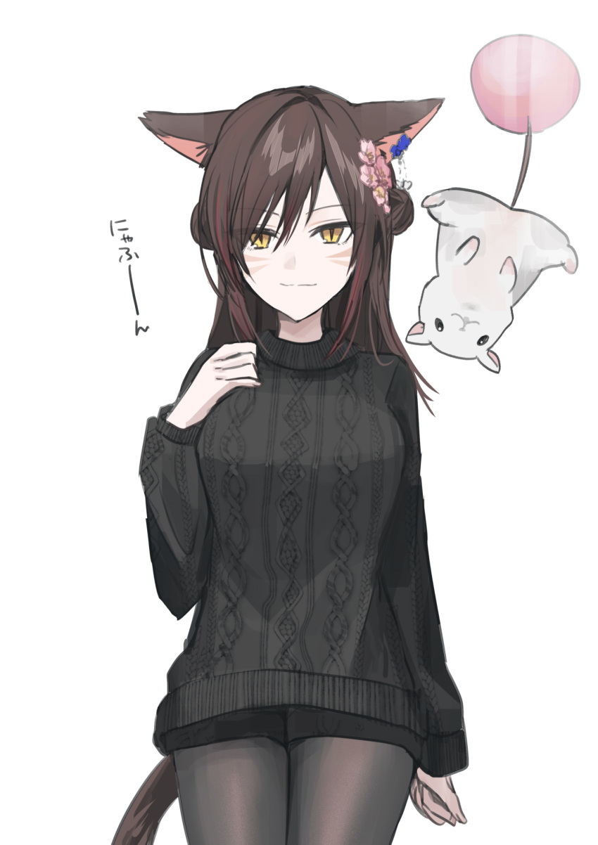 1girl animal_ears aran_sweater black_shorts black_sweater breasts brown_hair brown_pantyhose cable_knit cat_ears cat_girl cat_tail chihuri closed_mouth double_bun facial_mark final_fantasy final_fantasy_xiv flower hair_bun hair_flower hair_ornament hand_up highres long_hair long_sleeves medium_breasts miqo'te pantyhose pantyhose_under_shorts pink_flower puffy_long_sleeves puffy_sleeves short_shorts shorts silkie_(ff14) simple_background smile solo sweater tail translation_request warrior_of_light_(ff14) whisker_markings white_background