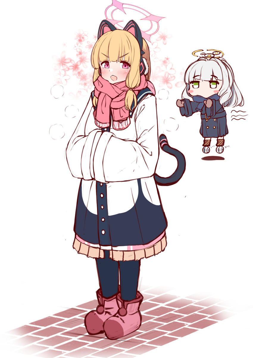 2girls :d absurdres animal_ear_headphones animal_ears black_coat black_pantyhose blonde_hair blue_archive blush brown_mittens chibi coat commentary_request earmuffs facing_viewer fake_animal_ears floating floral_background frilled_coat frills halo hands_in_opposite_sleeves hare_(blue_archive) headphones highres long_hair mittens momoi_(blue_archive) moyoron multiple_girls pantyhose pink_eyes pink_footwear pink_scarf scarf shoes sidelocks simple_background smile solo_focus tail v-shaped_eyebrows white_background white_coat wide_sleeves