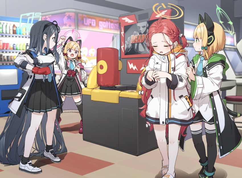 4girls absurdly_long_hair animal_ear_headphones animal_ears arcade arcade_cabinet aris_(blue_archive) arm_up black_hair black_hairband black_skirt black_socks black_thighhighs blonde_hair blue_archive blue_bow blue_necktie blush boots bow cat_tail closed_eyes closed_mouth collared_shirt fake_animal_ears game_development_department_(blue_archive) green_eyes green_halo hair_bow hairband halo headphones highres indoors jacket long_hair midori_(blue_archive) momoi_(blue_archive) multiple_girls necktie open_mouth pink_halo pleated_skirt raised_fist red_bow red_eyes red_footwear redhead shirt shoes short_hair siblings sisters skirt slippers socks standing tail tears thigh-highs twins two-sided_fabric two-sided_jacket vending_machine very_long_hair white_footwear white_jacket white_shirt yellow_halo yukie_(kusaka_shi) yuzu_(blue_archive)