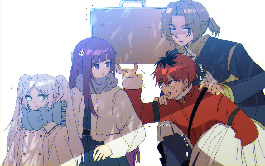 2boys 2girls :d black_hair blue_dress blue_scarf blunt_bangs brown_hair carrying closed_mouth coat commentary_request dress earrings elf fern_(sousou_no_frieren) frieren gon_(imrower) green_eyes hands_on_another's_shoulders heavy highres holding holding_suitcase jewelry long_hair long_sleeves looking_at_another multicolored_hair multiple_boys multiple_girls open_mouth parted_bangs piggyback pointy_ears pout purple_hair purple_scarf red_coat redhead scarf sein_(sousou_no_frieren) shaded_face short_hair smile sousou_no_frieren standing stark_(sousou_no_frieren) straight_hair suitcase sweatdrop trembling twintails two-tone_hair violet_eyes white_coat white_hair winter_clothes winter_coat