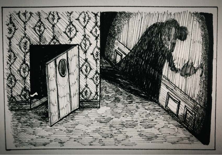 crocodile_(one_piece) door fleeing from_above graphite_(medium) greyscale highres hook hook_hand hunched_over indoors inochichi male_focus marker_(medium) monochrome one_piece open_door out_of_frame shadow silhouette traditional_media wallpaper_(object)