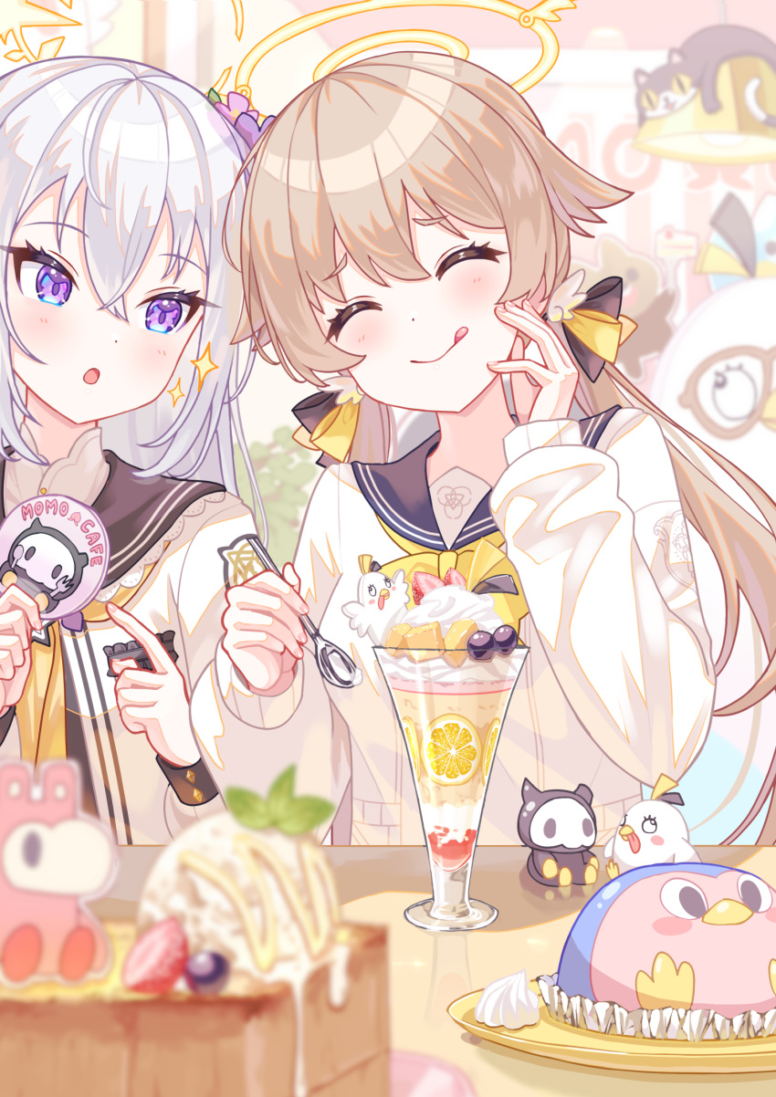 2girls azusa_(blue_archive) black_sailor_collar blue_archive blush cake cardigan closed_eyes closed_mouth flower food grey_hair hair_between_eyes hair_flower hair_ornament halo hifumi_(blue_archive) highres holding holding_spoon jacket light_brown_hair long_hair long_sleeves low_twintails multiple_girls open_mouth parfait peroro_(blue_archive) purple_flower revision sailor_collar smile spoon tongue tongue_out twintails usamaru67pi violet_eyes white_cardigan white_jacket yellow_halo