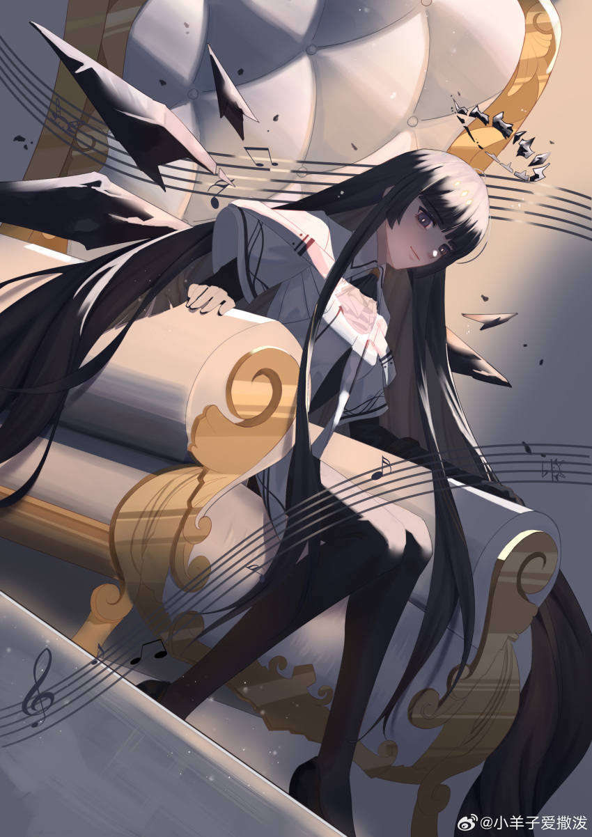 1girl absurdly_long_hair absurdres ahoge arknights arm_rest artist_name ascot belt belt_buckle black_ascot black_eyes black_footwear black_gloves black_hair black_halo black_shirt black_thighhighs black_wings blunt_bangs breasts bright_pupils broken_halo buckle chair chinese_commentary chinese_text closed_mouth collared_jacket colored_inner_hair commentary_request dark_halo detached_wings dutch_angle energy_wings floor full_body gloves grey_background grey_hair hair_flowing_over halo hand_rest highres hime_cut jacket layered_sleeves legs_together light_particles light_smile long_hair long_sleeves looking_at_viewer looking_to_the_side marble_(stone) marble_floor multicolored_hair musical_note on_chair shade shadow shiny_floor shirt shoes short_over_long_sleeves short_sleeved_jacket short_sleeves sidelocks sitting small_breasts solo spotlight staff_(music) straight_hair thigh-highs throne two-tone_hair very_long_hair virtuosa_(arknights) watermark weibo_5636033615 weibo_logo weibo_username white_belt white_jacket white_pupils wide_sleeves wing_collar wings