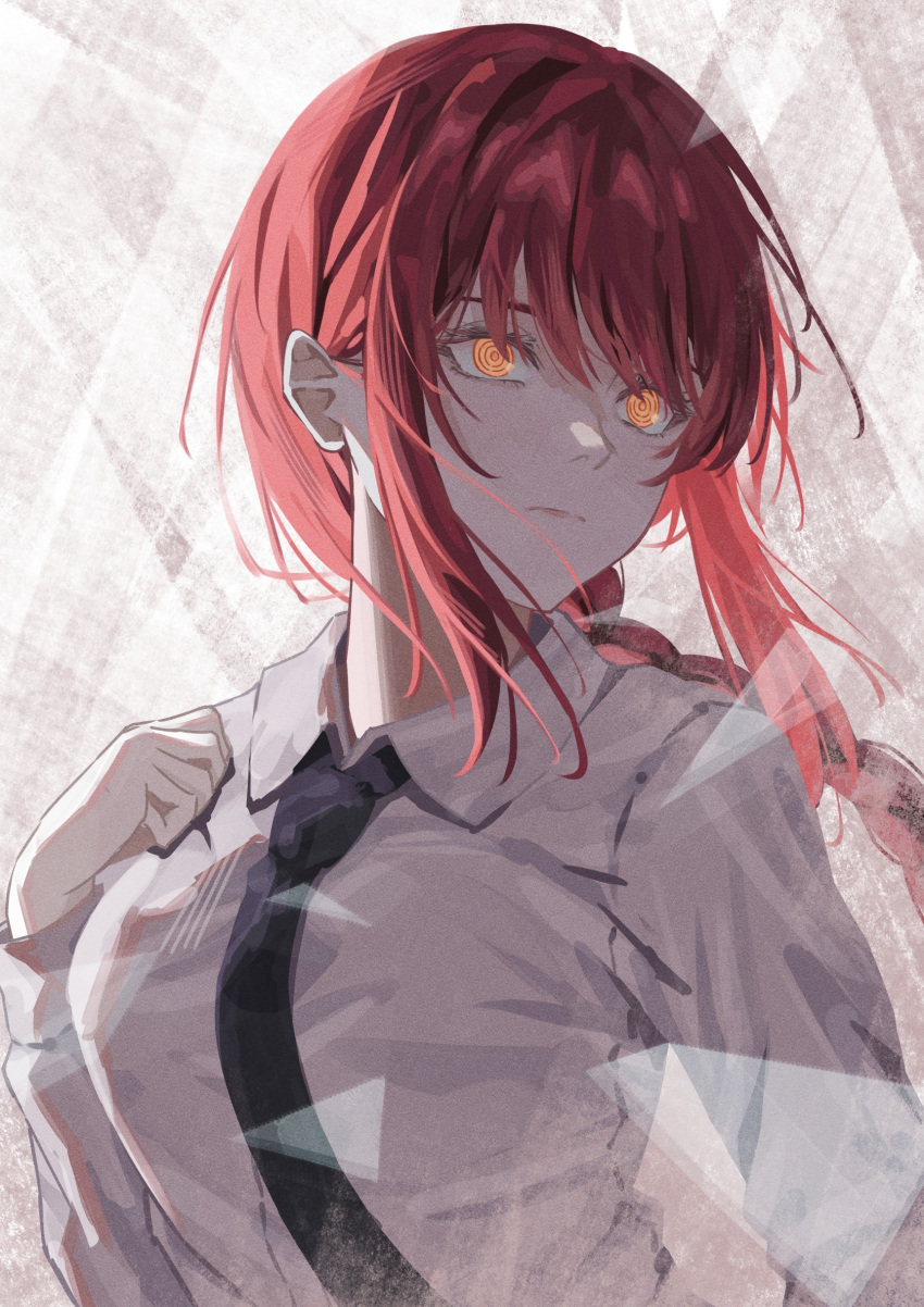 1girl absurdres black_necktie braid braided_ponytail chainsaw_man closed_mouth collared_shirt dress_shirt floating_hair grey_background hand_up highres komura_hiroto light_frown long_hair long_sleeves looking_to_the_side makima_(chainsaw_man) necktie orange_eyes redhead ringed_eyes shirt sidelocks solo upper_body white_shirt yellow_eyes