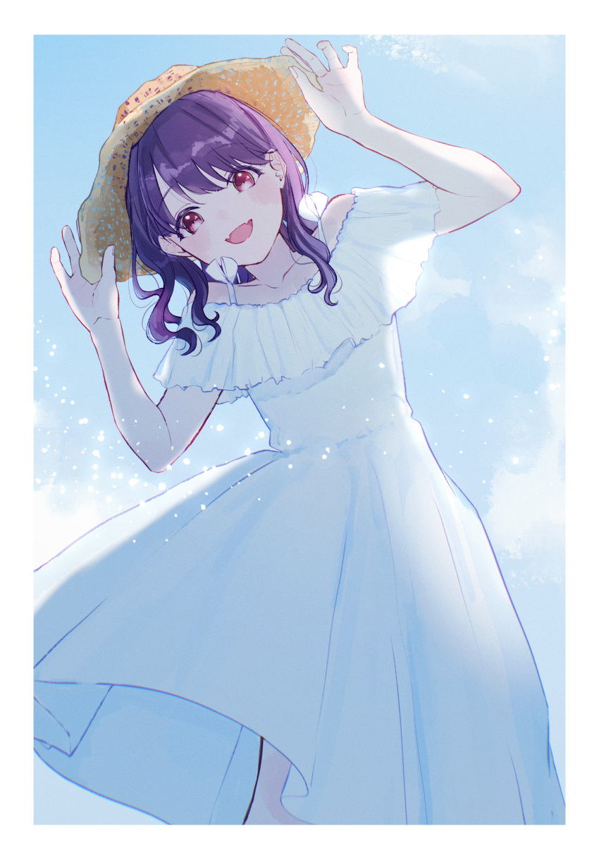 1girl absurdres artist_request bare_shoulders black_hair blue_sky commentary_request day dress fangs fukumaru_koito hair_down hat highres idolmaster idolmaster_shiny_colors long_dress looking_at_viewer open_mouth outdoors skin_fangs sky sleeveless sleeveless_dress solo straw_hat sundress swept_bangs violet_eyes white_dress