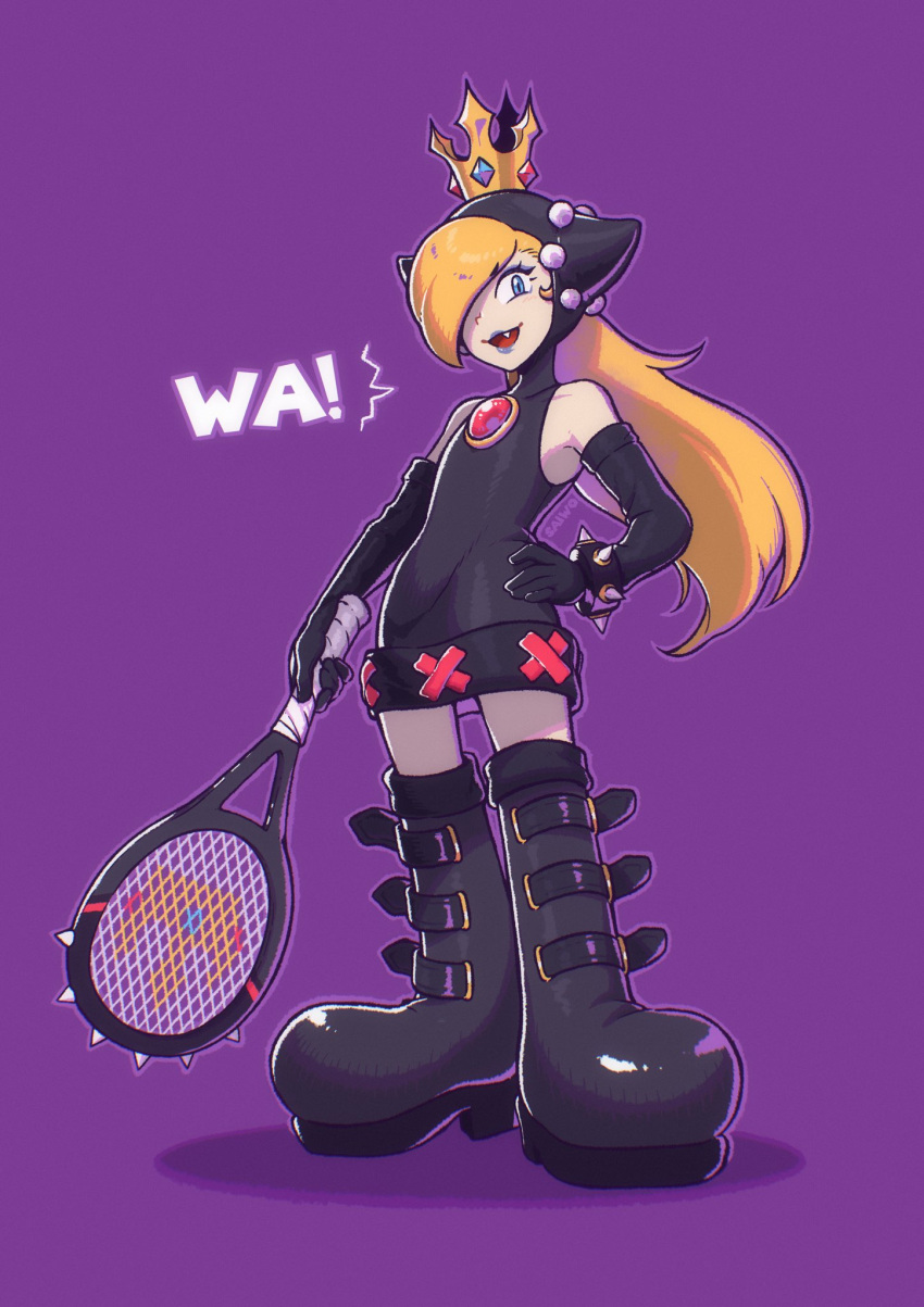1girl bare_shoulders black_dress black_footwear black_gloves blonde_hair boots bracelet broom crown dress elbow_gloves full_body gloves hair_over_one_eye hand_on_own_hip highres holding_tennis_racket hooded_dress jewelry knee_boots long_hair looking_at_viewer mario_power_tennis mario_tennis open_mouth purple_background saiwo_(saiwoproject) simple_background sleeveless sleeveless_dress solo spiked_bracelet spikes super_mario_bros. warupeach