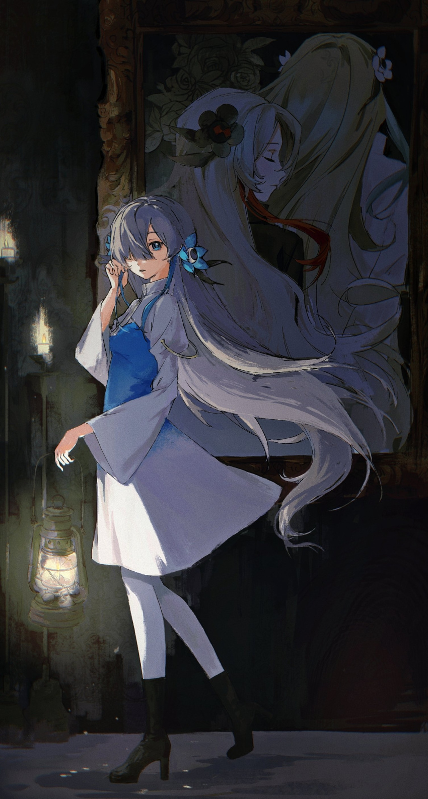 1girl absurdres black_coat black_flower black_footwear blue_dress blue_flower blue_hair boots candle chinese_commentary coat commentary_request dress expressionless flower full_body grey_hair hair_flower hair_ornament hair_over_one_eye high_heel_boots high_heels highres holding holding_lantern isekai_joucho kamitsubaki_studio lantern long_hair looking_at_viewer multicolored_hair painting_(object) pantyhose parted_lips profile sketch solo two-tone_dress two-tone_hair very_long_hair virtual_youtuber white_dress white_pantyhose yame_ya1113