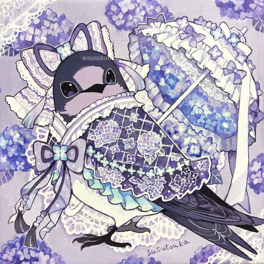 absurdres acrylic_gouache_(medium) acrylic_paint_(medium) animal animal_focus artist_name bird closed_mouth clothed_animal commentary_request embroidery english_commentary flower frills from_side full_body gouache_(medium) highres hydrangea lace no_humans original painting_(medium) parasol purple_flower purple_ribbon purple_theme ribbon solo swallow_(bird) traditional_media umbrella violet_eyes