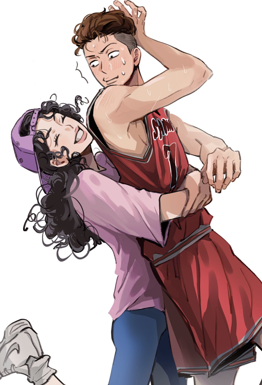 1boy 1girl arm_up artist_name ayako_(slam_dunk) backwards_hat baseball_cap beaker_pour black_hair blush brown_eyes brown_hair carrying carrying_person closed_eyes couple curly_hair dark-skinned_male dark_skin denim earrings feet_out_of_frame happy hat hetero highres jeans jewelry lifting_person long_hair looking_at_another miyagi_ryouta pants pink_shirt ponytail purple_headwear shirt simple_background slam_dunk_(series) stud_earrings sweat toned toned_male undercut wavy_hair white_background white_footwear