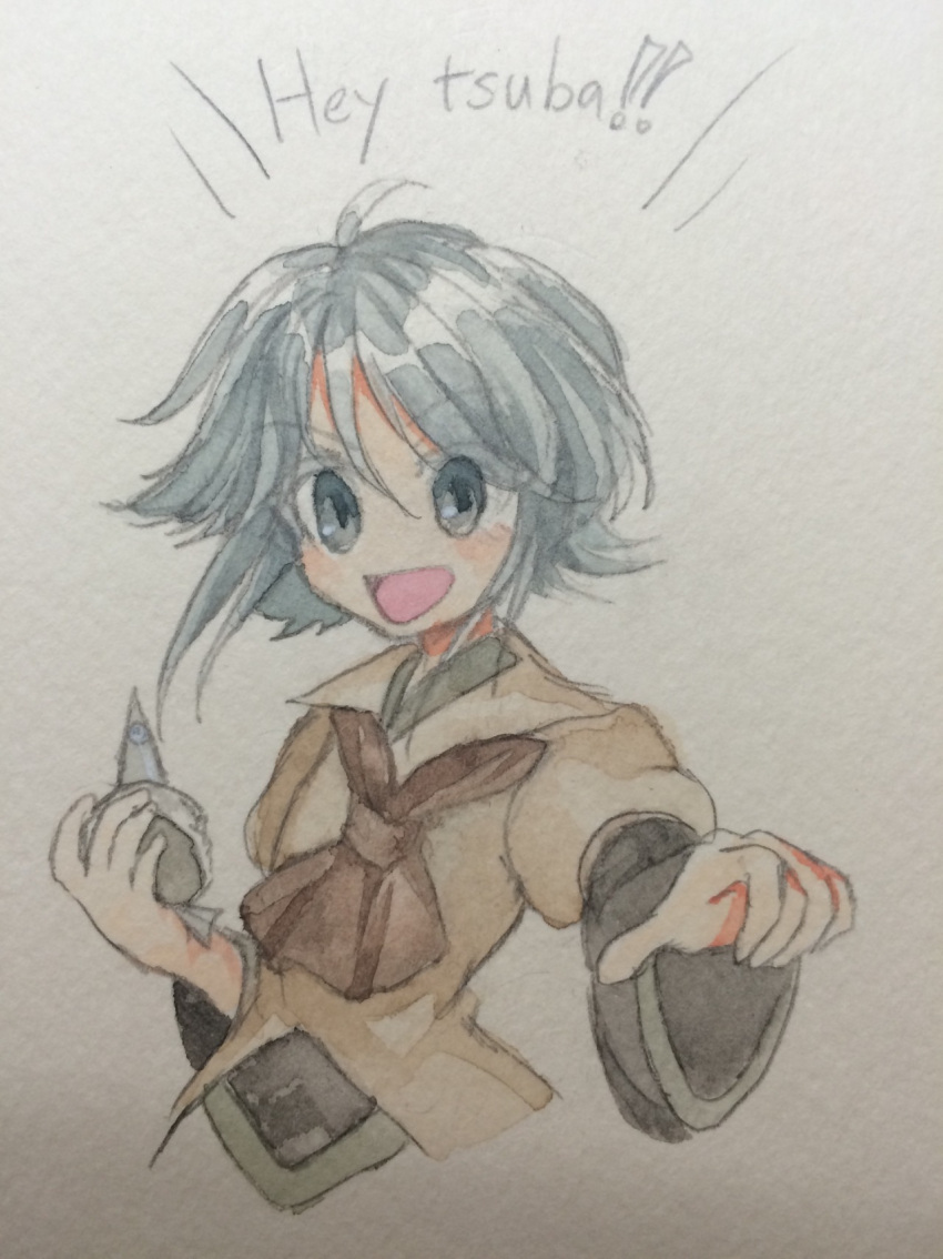 1other ahoge androgynous ascot black_shirt brown_ascot brown_coat coat colored_eyelashes commentary grey_eyes grey_hair highres houlen_yabusame jandare layered_sleeves len'en long_sleeves looking_at_viewer no_nose open_mouth other_focus painting_(medium) shirt short_hair short_over_long_sleeves short_sleeves smile symbol-only_commentary traditional_media upper_body watercolor_(medium)